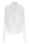 Alberta Ferretti Long Sleeve Collarless Shirt With Scarf Detail In White