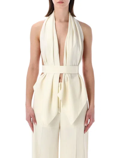 Alberta Ferretti Belted Halterneck Top Draped Front Open Back In White