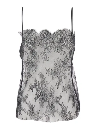 ALBERTA FERRETTI BLACK TOP WITH THIN STRAPS AND FLORAL EMBELLISHMENT IN LACE WOMAN