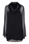 Alberta Ferretti Draped Neckline Hooded Chiffon Blouse Long Sleeves In Blue