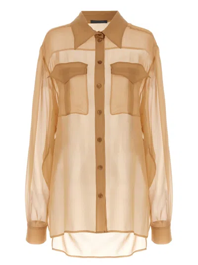 Alberta Ferretti Transparent Silk Chiffon Shirt With Front Pockets And Button Closure In Brown