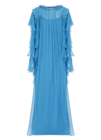Alberta Ferretti Knee Length Dress With Curled Crew Neckline In Blue