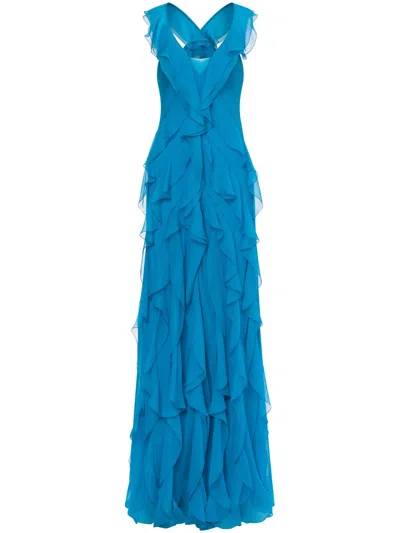 Alberta Ferretti Ruffled Gown In Turquoise