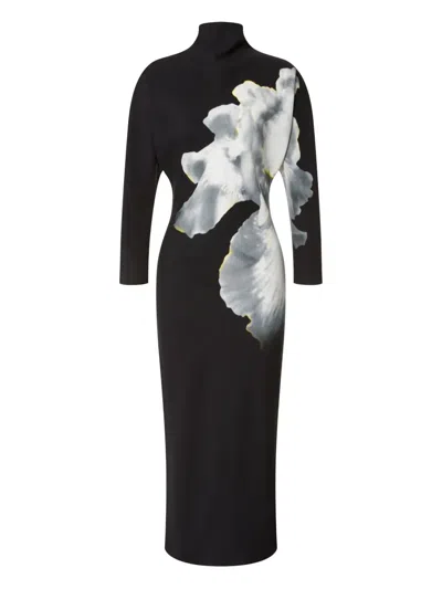 Alberta Ferretti Women Black Long Dress With High Neck And Floral Print In Cady Woman In Multi