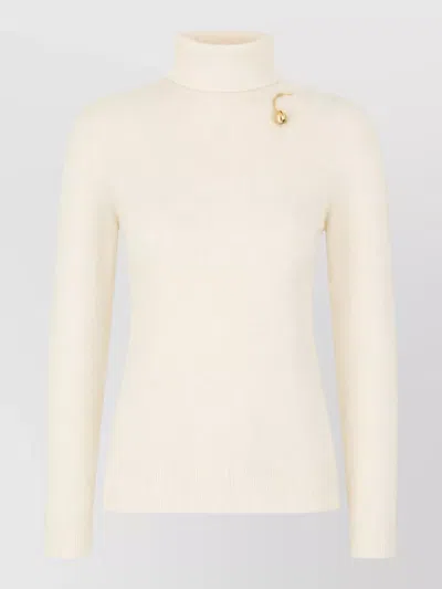 Alberta Ferretti Turtleneck Ribbed Top Gold Detail In Neutral