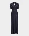 Alberta Ferretti Twisted Cape-sleeve Open-back Satin Gown In Dark Blue