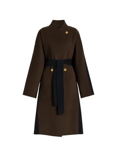 Alberta Ferretti Long Wool Coat With Wrap Design And Contrasting Belt In Brown