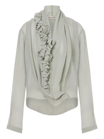 Alberta Ferretti Light Gray Ruffle Blouse With Deep V-neckline In White