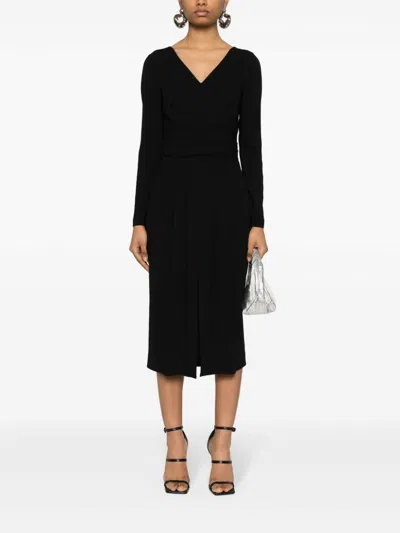 Alberta Ferretti V Neck Crepe Cady Long Sleeve Midi Dress In Black