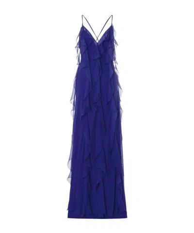 Alberta Ferretti Silk Dress Ruffle Detailing In Blue