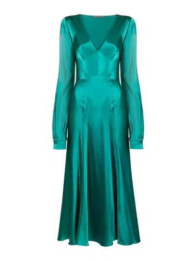 Alberta Ferretti V-neck Maxi Dress In Green Silk In Blue