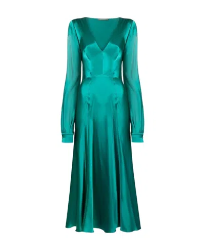 Alberta Ferretti V-neck Maxi Dress In Green Silk In Blue