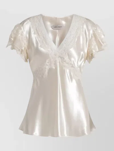 Alberta Ferretti V Neck Satin Top Ruffled Lace In Neutral