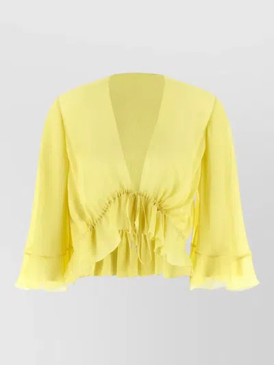 Alberta Ferretti V Neck Shirt Long Sleeves Sheer Ruffles In Yellow