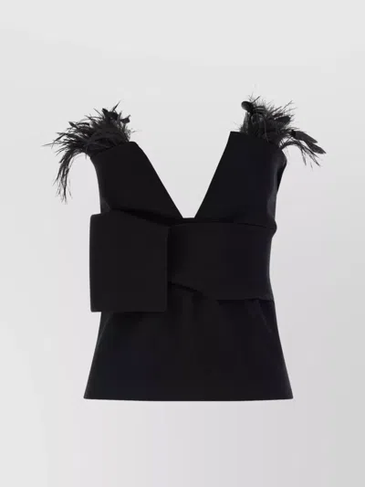 ALBERTA FERRETTI V-NECK SLEEVELESS FITTED FEATHER EMBELLISHED TOP