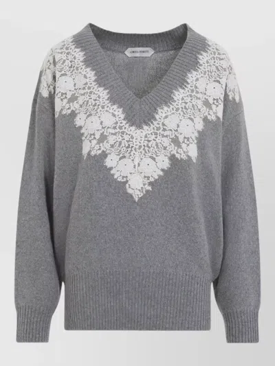 Alberta Ferretti V Neck Sweater Lace Ribbed Cuffs Hem In Gray