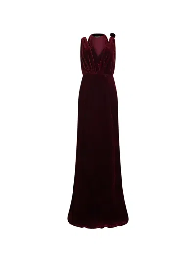 Alberta Ferretti Velvet Halterneck Maxi Dress In Burgundy