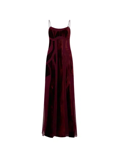 Alberta Ferretti Velvet-effect Panelled Flared Maxi Dress In Burgundy