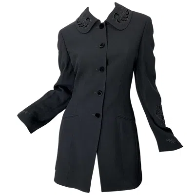 Pre-owned Alberta Ferretti Vintage  Size 10 Black Embroidered 1990s 90s Long Jacket
