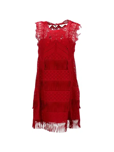 Pre-owned Alberta Ferretti Vintage Land Fringe-detail Mini Dress In Red