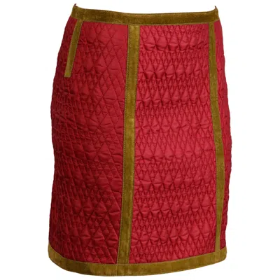 Pre-owned Alberta Ferretti Vintage Quilted Skirt With Olive Green Suede Leather Trim