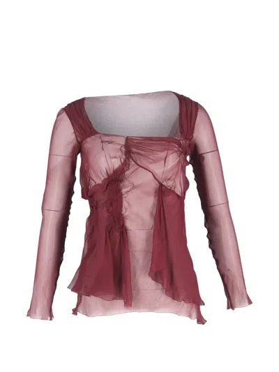 Pre-owned Alberta Ferretti Vintage Ruched Mesh Blouse In Red