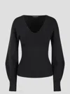 Alberta Ferretti Puff-sleeve Ribbed-knit Jumper In Black