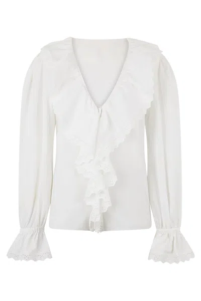 Alberta Ferretti Cotton Poplin Blouse V Neck Lace In White