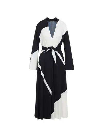 Alberta Ferretti Midi Dress Belt Waist Color Block In Black