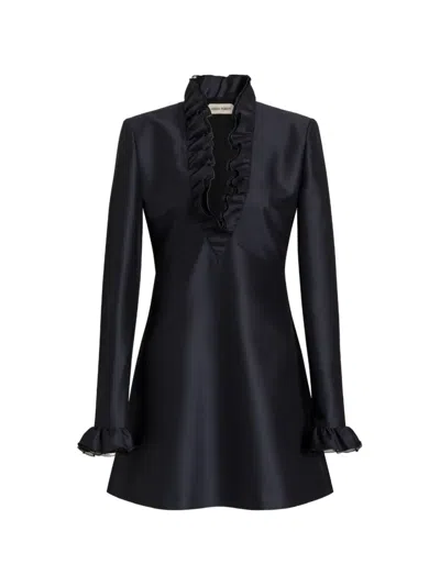 Alberta Ferretti Short Wool And Silk Dress With Ruffled Details In Black