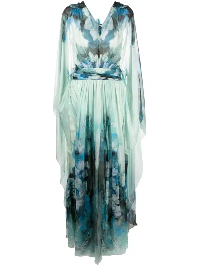 Alberta Ferretti Floral Silk V-neck Gown In Fantasy Print Light Blue