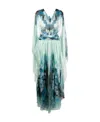 Alberta Ferretti Floral Silk V-neck Gown In Green
