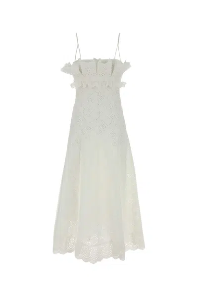 Alberta Ferretti Broderie Anglaise Midi Dress Ruffle Straps In White
