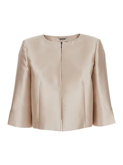 Alberta Ferretti White Crop Jacket With Round Neck And Three Quarter Sleeve In Mikado Fabric Woman