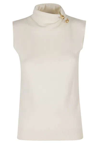 Alberta Ferretti White Ribbed Trim Removable Jewel High Neck Wool-blend Tank Top