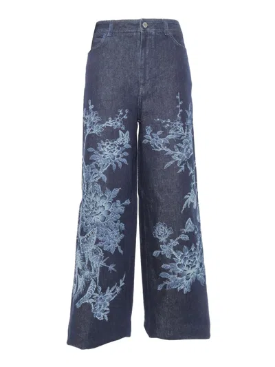 Alberta Ferretti Wide-leg Pants With Intricate Floral Embroidery In Blue