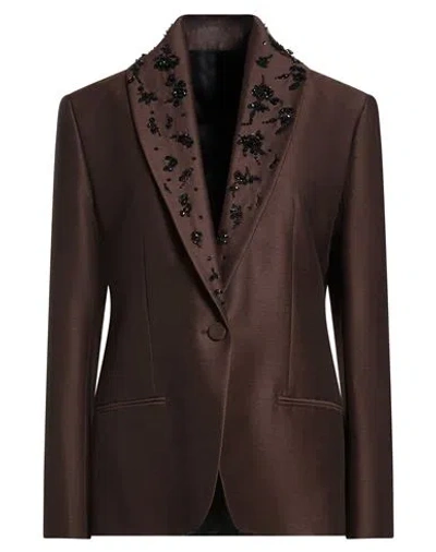 Alberta Ferretti Woman Blazer Dark Brown Size 4 Virgin Wool, Silk, Polyester