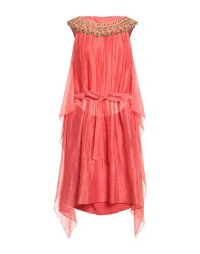Alberta Ferretti Woman Midi Dress Coral Size 8 Linen, Silk In Red