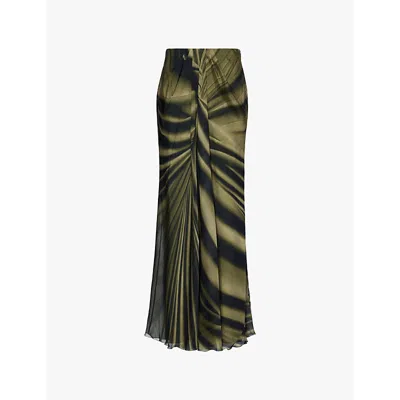 Alberta Ferretti Womens Fantasy Green Abstract-print Chiffon-texture Regular-fit Silk Maxi Skirt