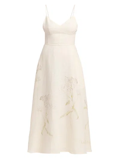Alberta Ferretti Floral-print Sleeveless Linen Midi Summer Dress In White