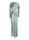Alberta Ferretti Women Green Long Dress With Draped Details And Long Sleeves In Glossy Satin Woman In Green
