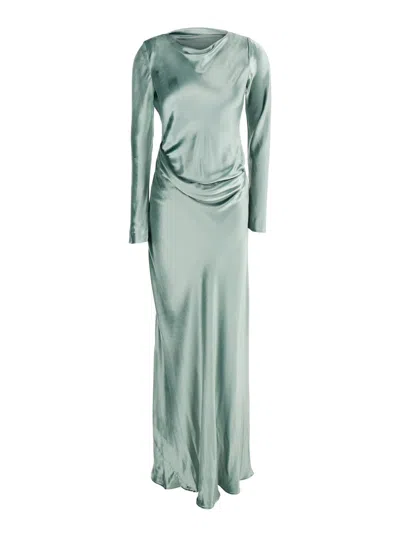 ALBERTA FERRETTI ALBERTA FERRETTI WOMEN GREEN LONG DRESS WITH DRAPED DETAILS AND LONG SLEEVES IN GLOSSY SATIN WOMAN
