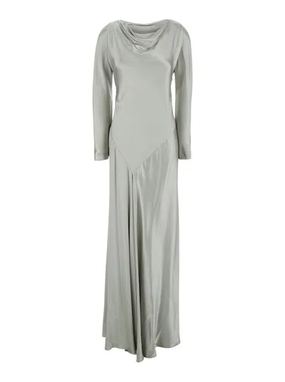 Alberta Ferretti Women Grey Long Dress With Draped Details And Long Sleeves In Glossy Satin Woman In Gray