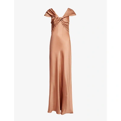 Alberta Ferretti Womens Pink Knot-front Plunge-neck Satin Maxi Dress