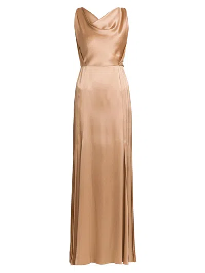 Alberta Ferretti Women's Pleated Satin Cowlneck Gown In Brown