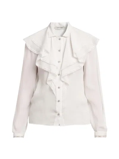 Alberta Ferretti Long Sleeve Shirt Ruffle Front Lace In White
