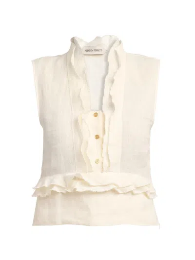 Alberta Ferretti Women's Ruffled Linen Sleeveless Blouse In White