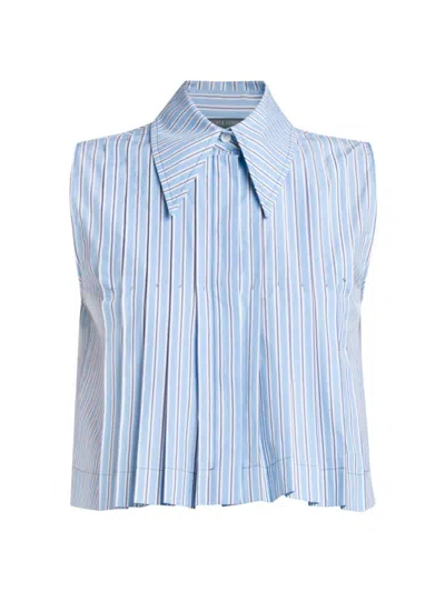 Alberta Ferretti Stripe Pleated Collared Crop Blouse In Blue