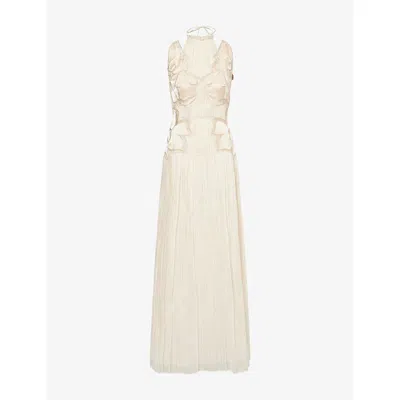 Alberta Ferretti Womens Halterneck Floral Semi-sheer Cotton Maxi Dress Beige