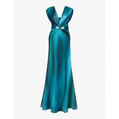 Alberta Ferretti Womens Fantasy Print Green Twist-design Open-back Silk Maxi Dress